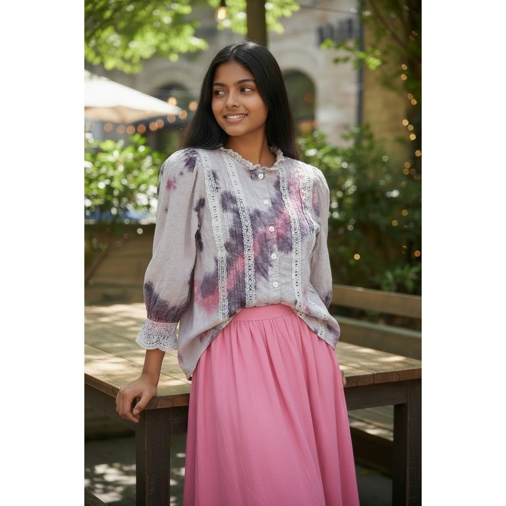 Kelleydeeee OG ka Purple Pink Tie Dye Eyelet Lace Button Down Pearl Cuffs